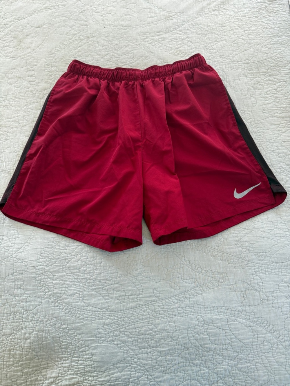 Red Nike Dri-fit Athletic Shorts with maroon Panels, 7 inch